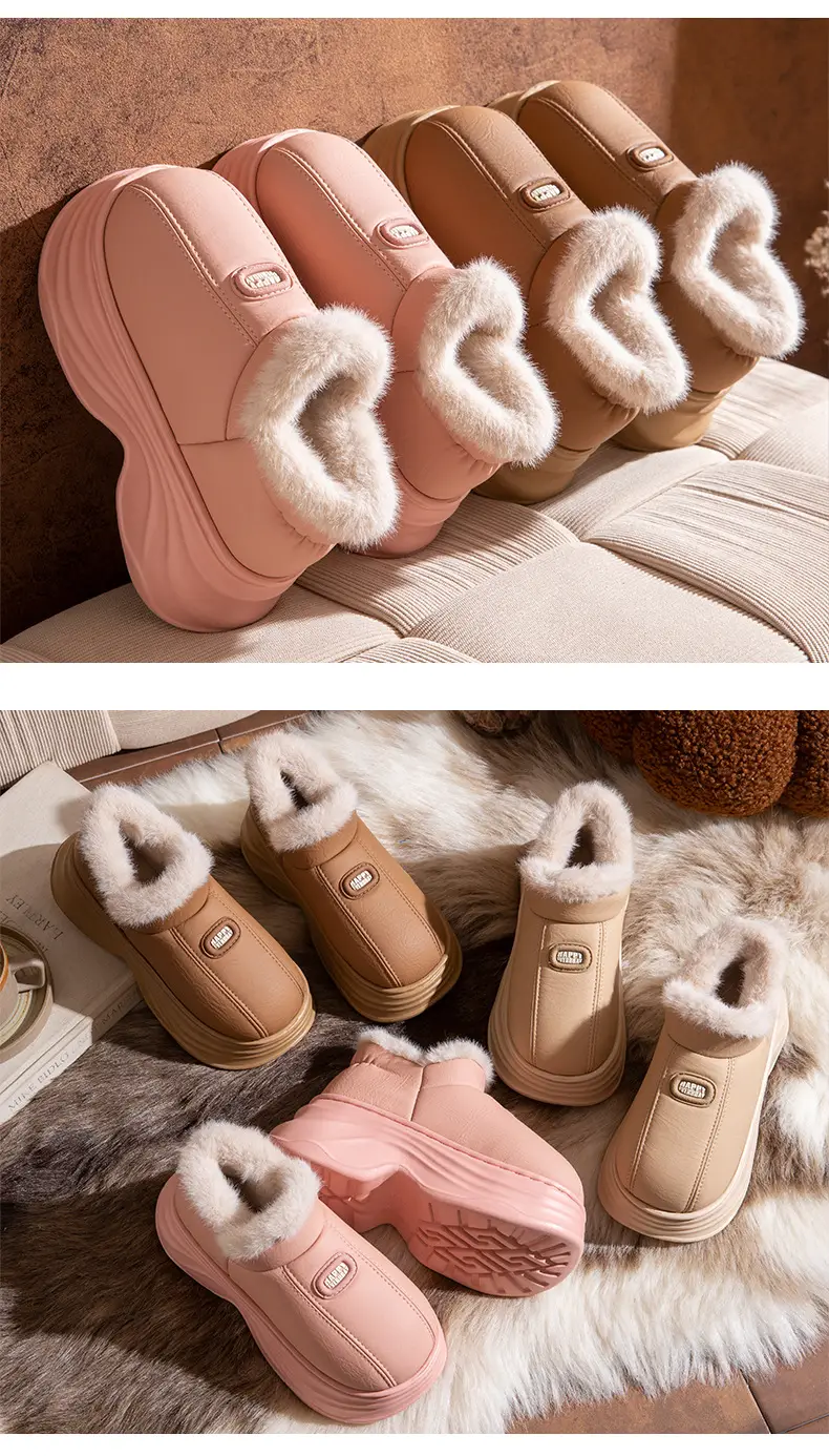 Women's Winter Cotton Slippers with Thick Soles, Waterproof Indoor Home Cotton Shoes, Pu Couple's Home Warm Plush Slippers, Non-Slip for Home Use — feature 9