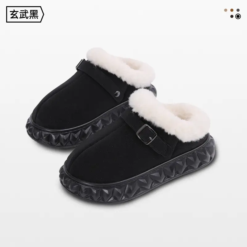 Women's Black Fleece Lined Slip On Mules