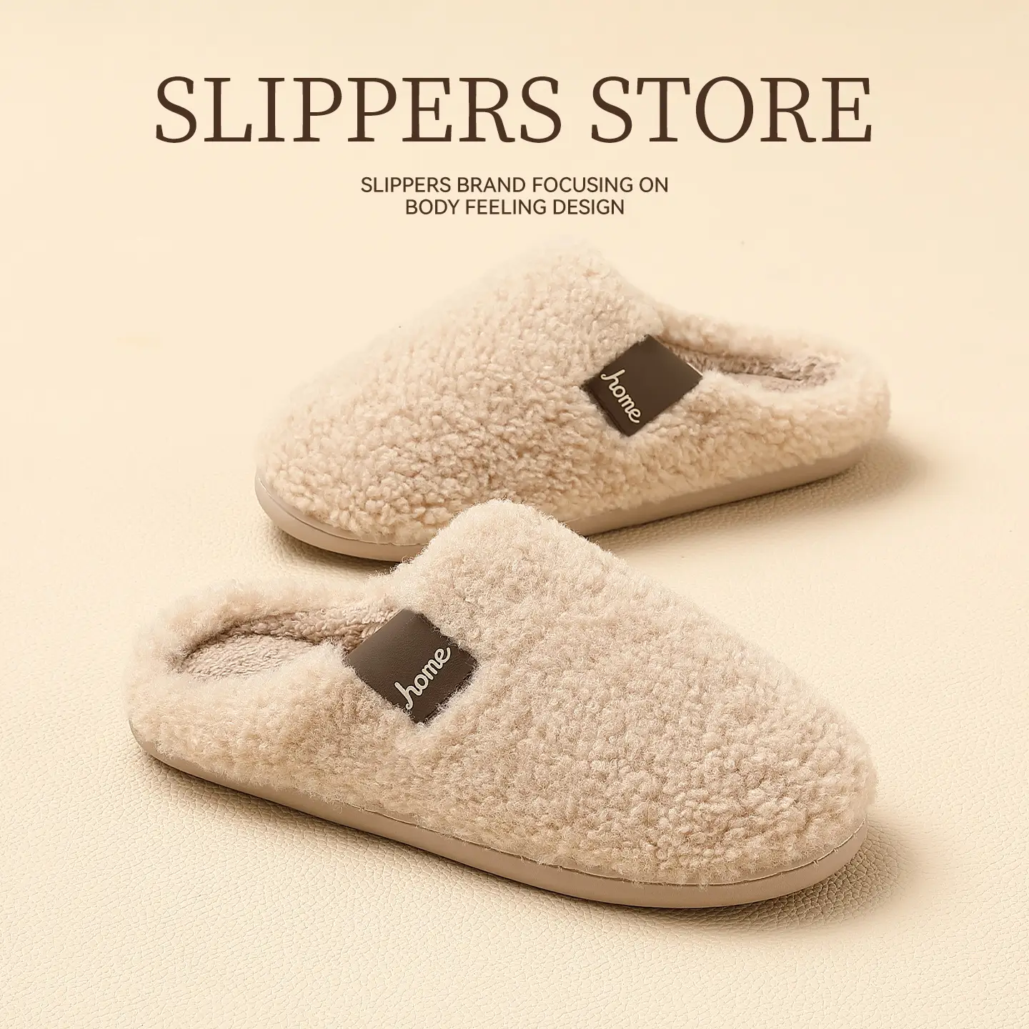 Women's Beige Plush Slippers Warm Indoor Winter - Image 3