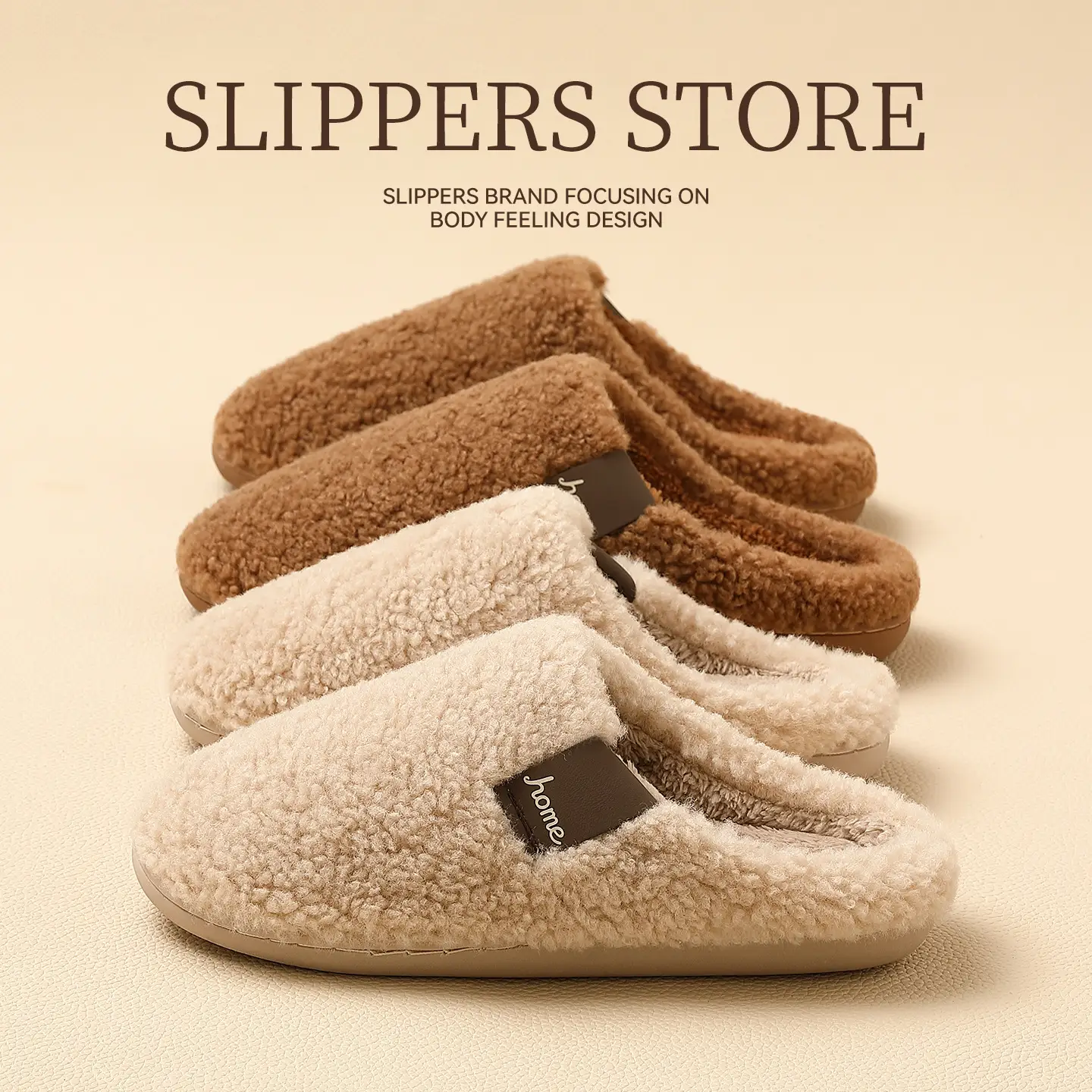Women's Beige Plush Slippers Warm Indoor Winter - Image 4