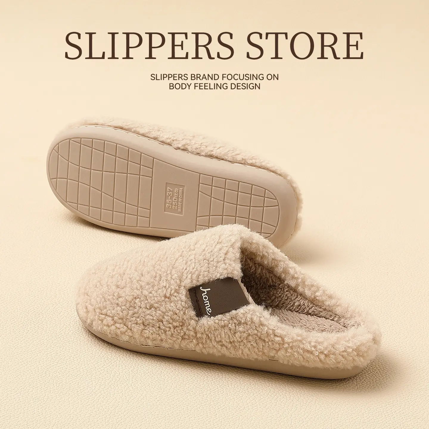 Women's Beige Plush Slippers Warm Indoor Winter - Image 5