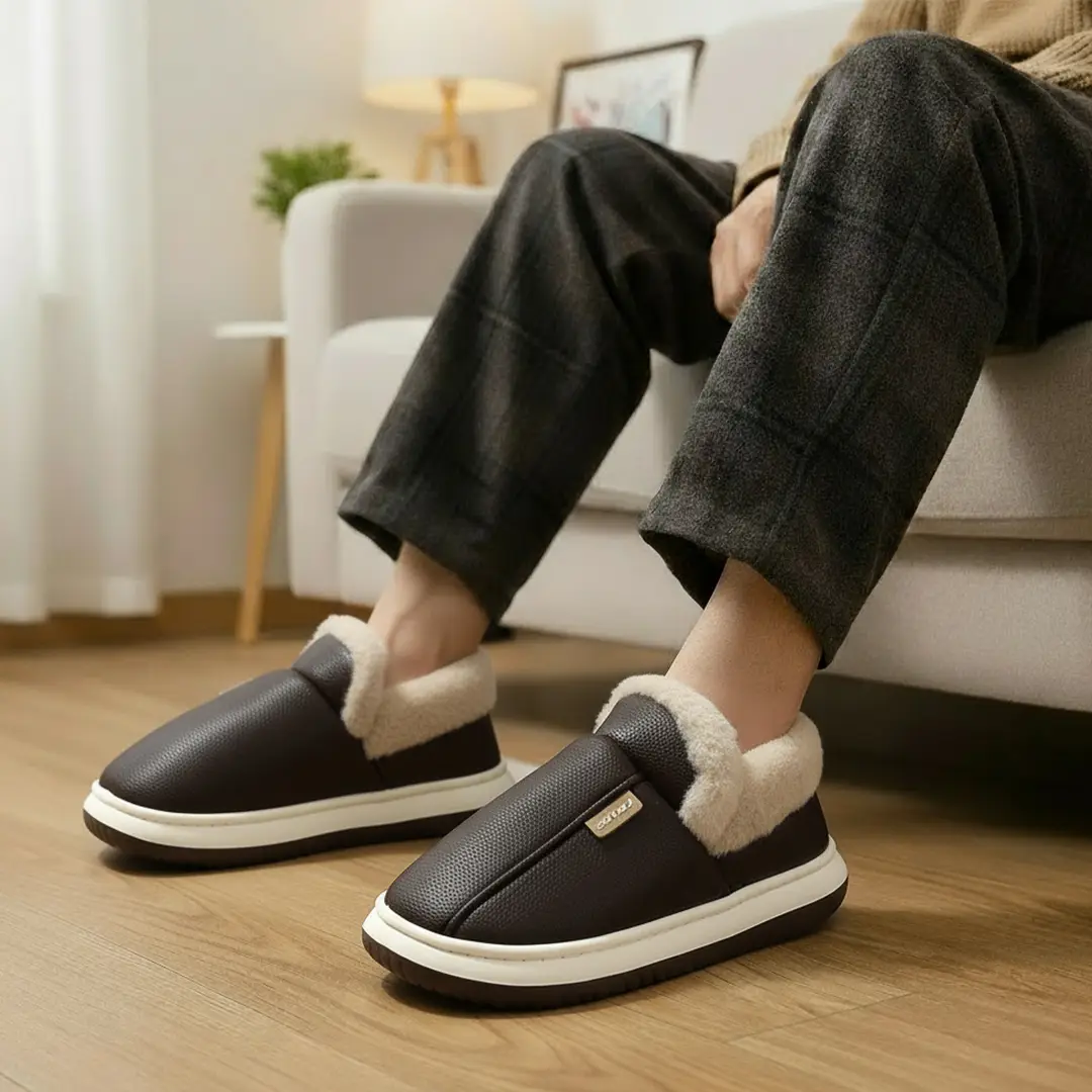 All-Inclusive Cotton Slippers for Women in Winter Home Indoor Non-Slip Thick Sole Fleece-Lined Warm Pu Cotton Shoes for Men Wholesale Winter
