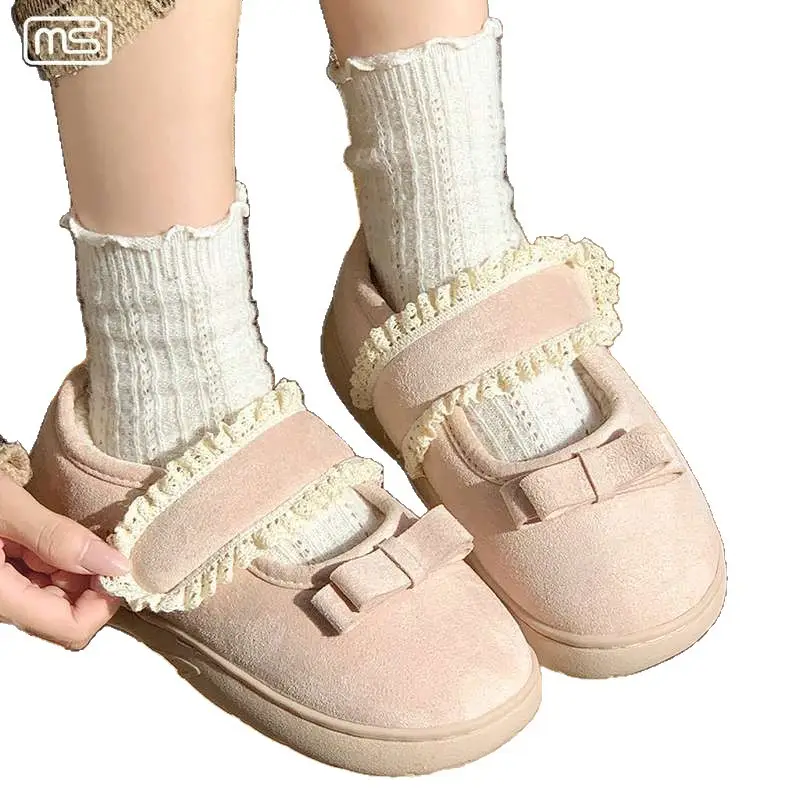 Women Velvet Bow Slippers Black Lace Edge Anti-Slip