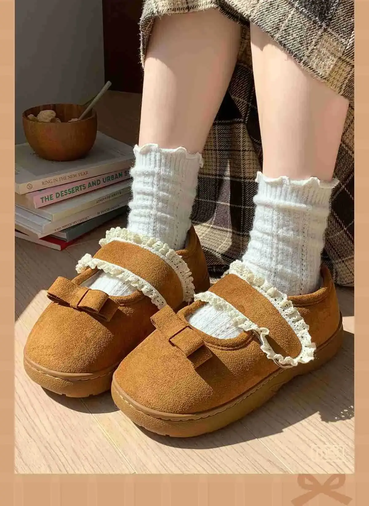 Women Velvet Beanie Slippers with Velcro & Lace Edge — feature 5