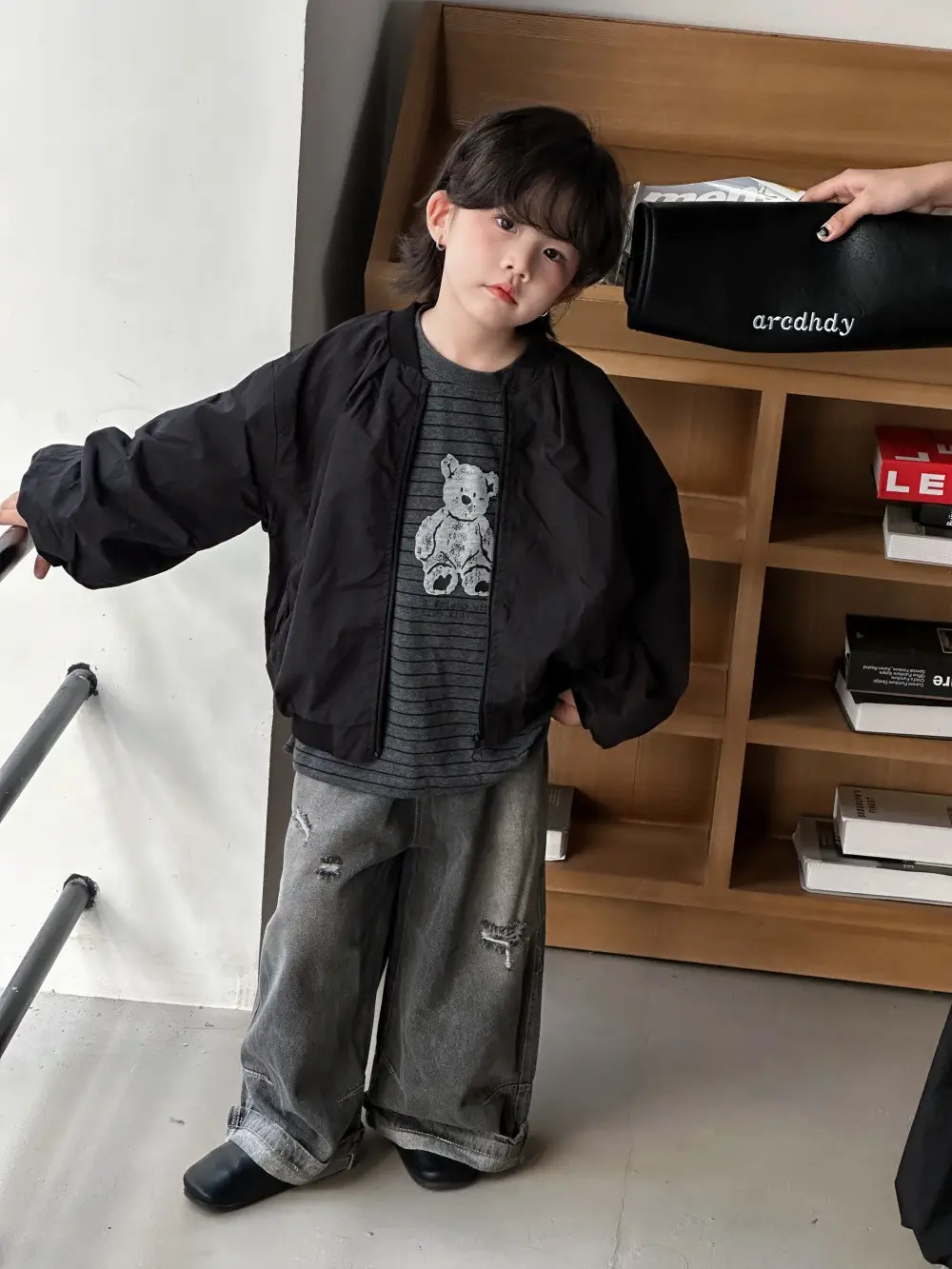 Kids Long Sleeve Bear Print T-Shirt Grey Denim Pants Set — feature 3