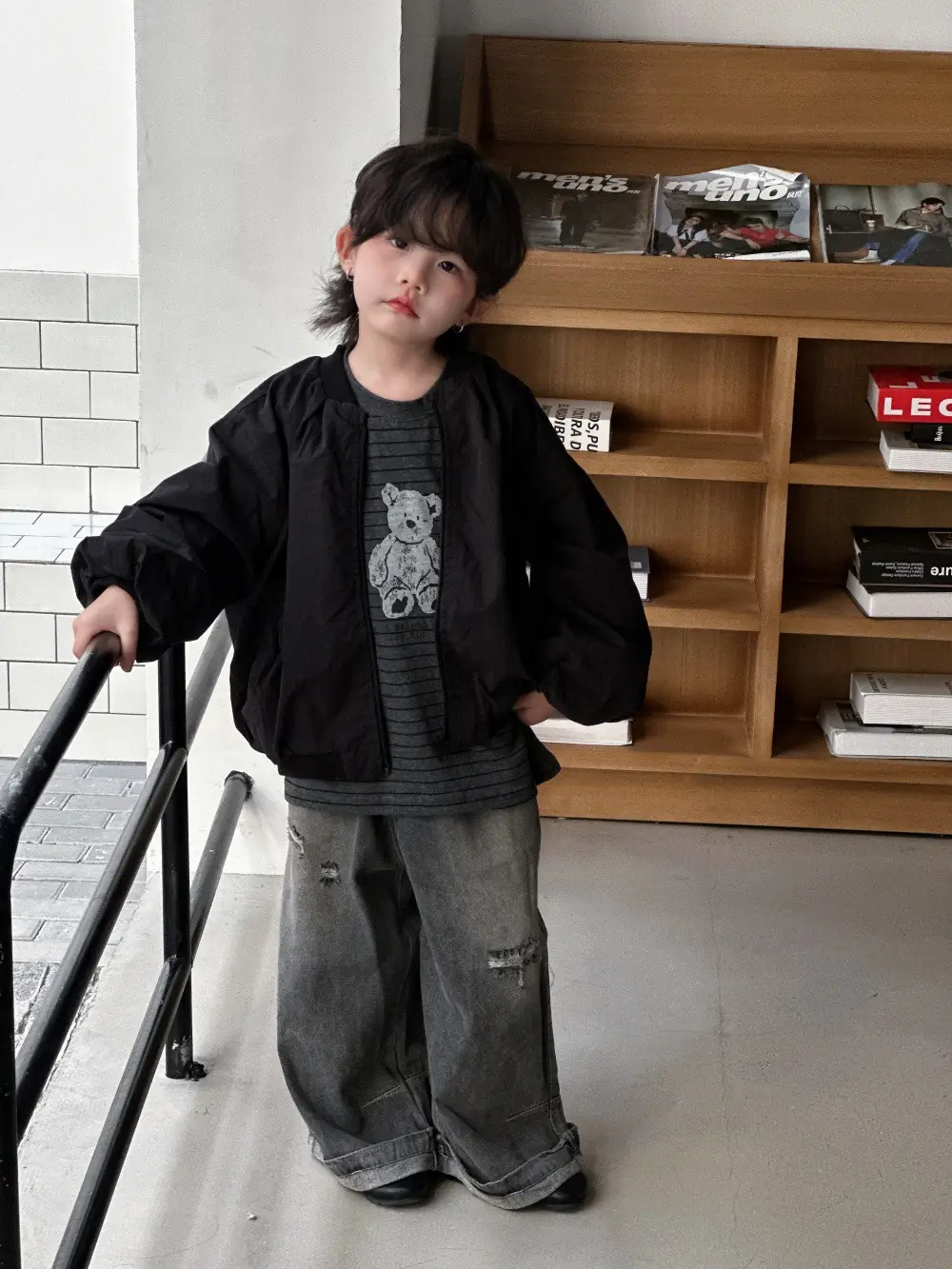 Kids Long Sleeve Bear Print T-Shirt Grey Denim Pants Set — feature 4