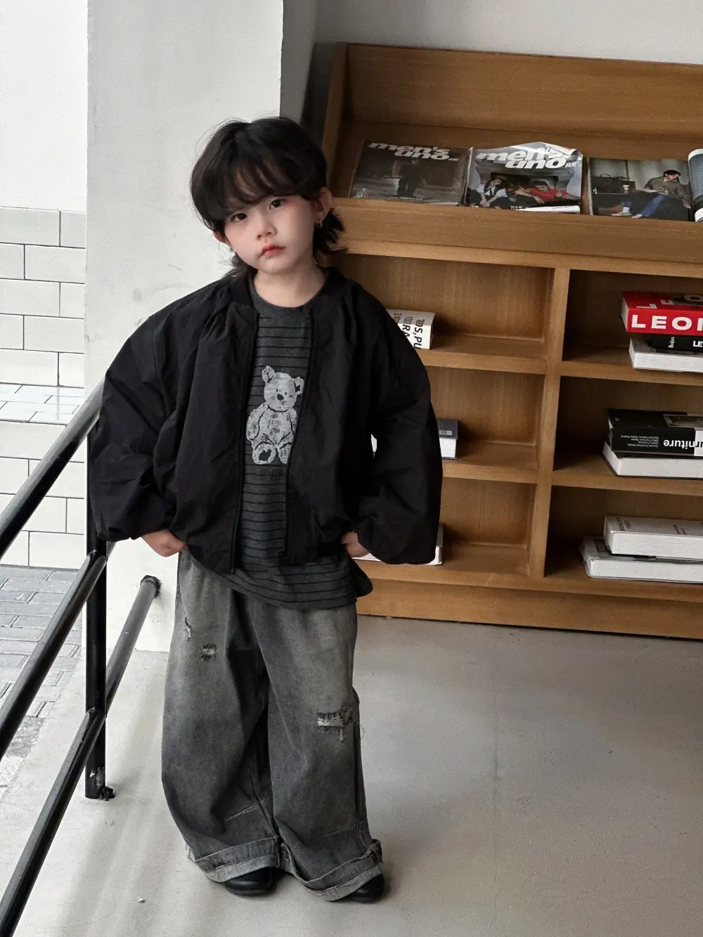 Kids Long Sleeve Bear Print T-Shirt Grey Denim Pants Set — feature 5
