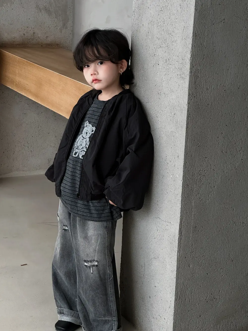 Kids Long Sleeve Bear Print T-Shirt Grey Denim Pants Set — feature 6