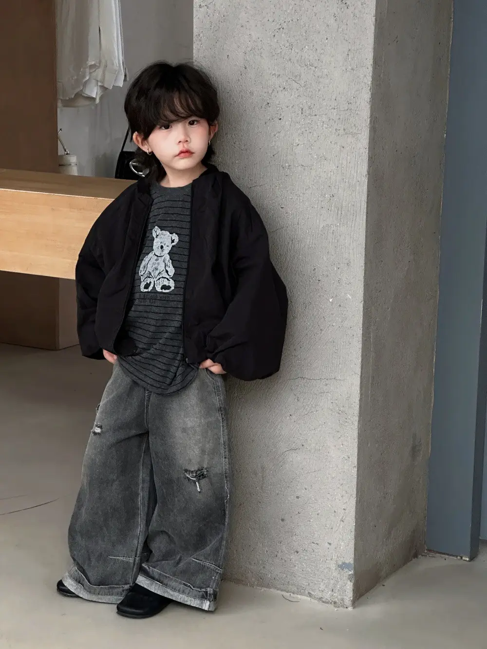 Kids Long Sleeve Bear Print T-Shirt Grey Denim Pants Set — feature 7