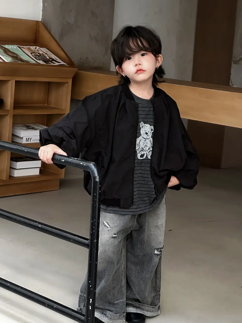 Kids Long Sleeve Bear Print T-Shirt Grey Denim Pants Set — feature 8