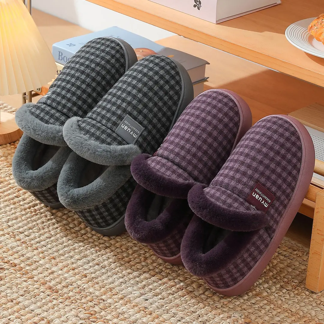 Men's Indoor Winter Warm Plush Cotton Slippers with Heel, Non-Slip Thick-Soled Plaid Cotton Slippers for Middle-Aged and Elderly Women, Wholesale - Image 6
