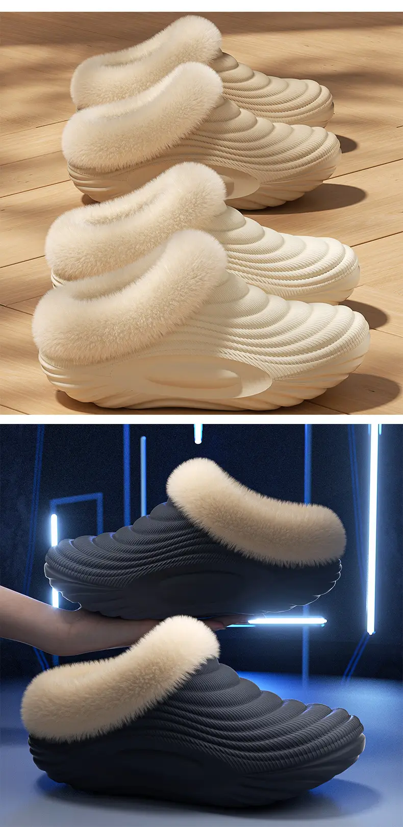 Waterproof Cotton Slippers for Women in Autumn and Winter New Thick-Soled Non-Slip Fleece-Lined Warm Couple Home Use Bag Heel Cotton Slippers for Men — feature 9