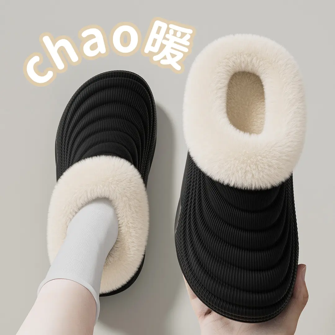 Waterproof Cotton Slippers for Women in Autumn and Winter New Thick-Soled Non-Slip Fleece-Lined Warm Couple Home Use Bag Heel Cotton Slippers for Men - Image 3