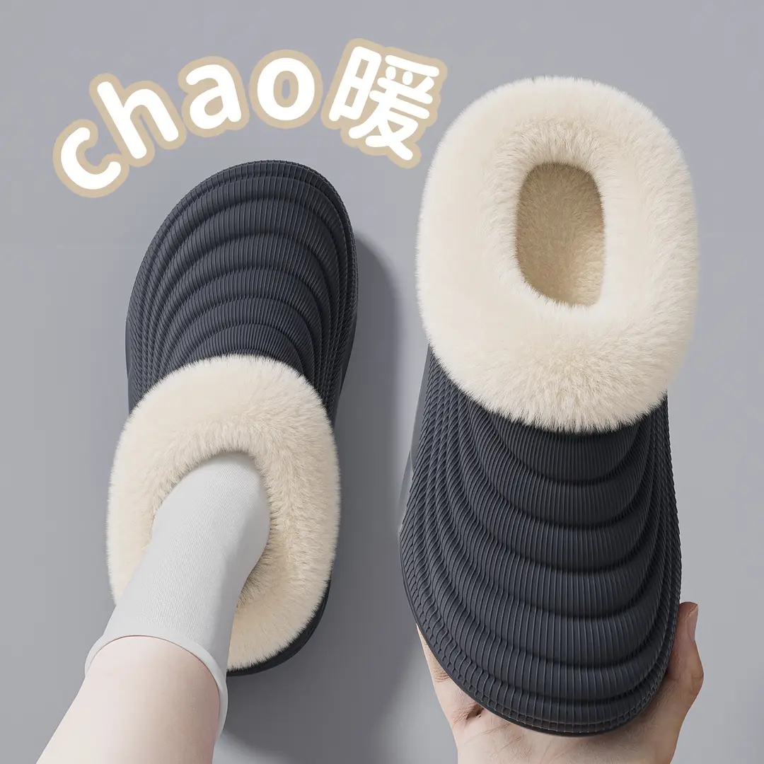 Waterproof Cotton Slippers for Women in Autumn and Winter New Thick-Soled Non-Slip Fleece-Lined Warm Couple Home Use Bag Heel Cotton Slippers for Men - Image 4