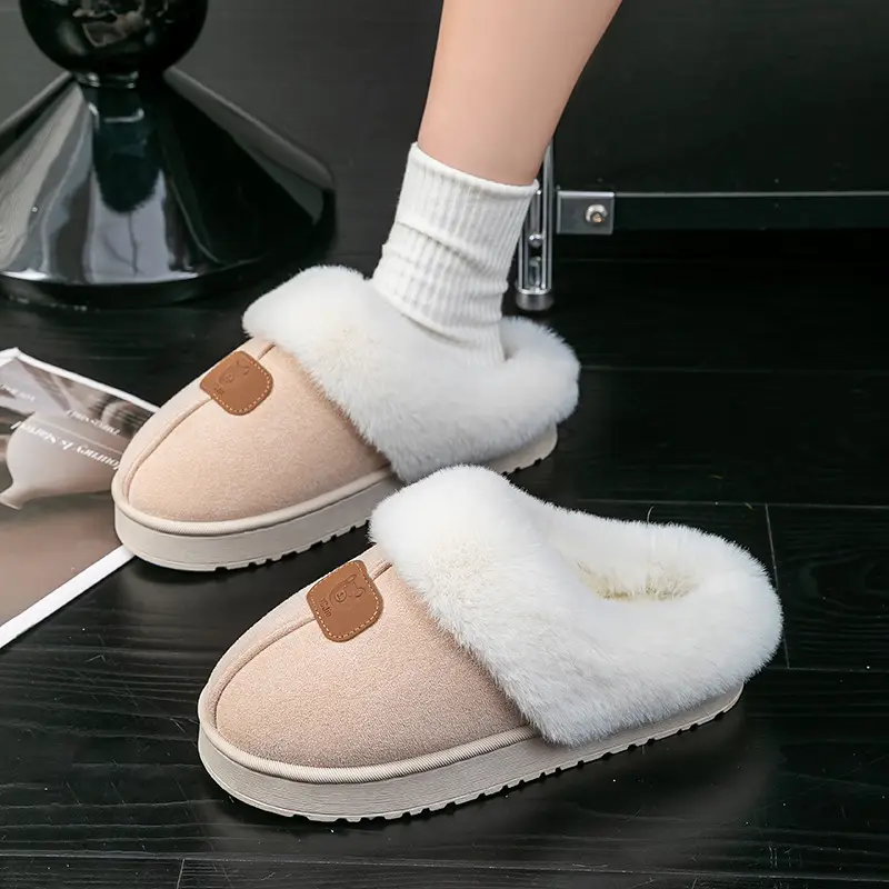 Thick-Soled Cotton Slippers for Women in Autumn and Winter Indoor Home Fleece-Lined Thickeneded Non-Slip Warm Pure Color Simple Plush Slippers - Image 5
