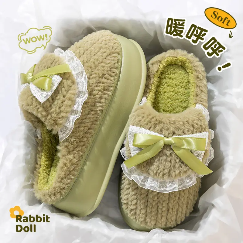Women Cotton Slipper Green Bow Winter Warm