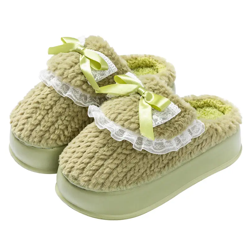 Women Cotton Slipper Green Bow Winter Warm