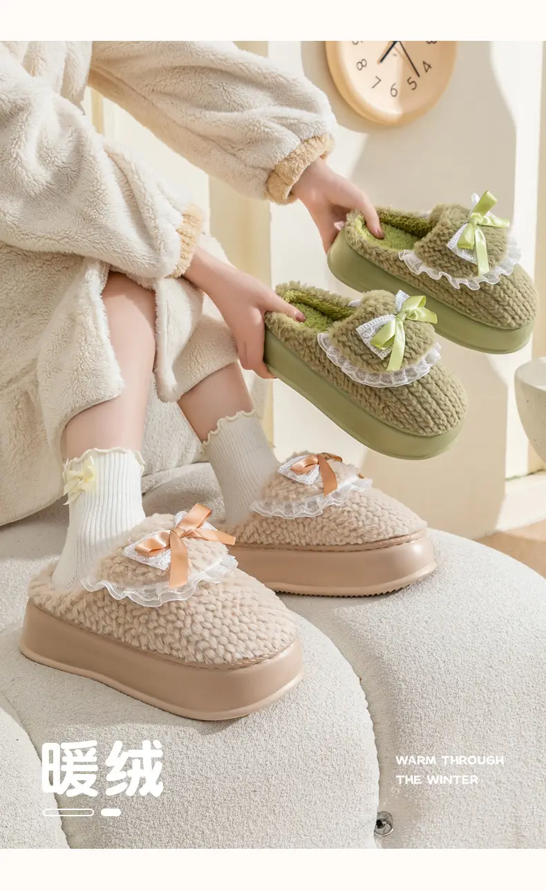 Women Cotton Slipper Green Bow Winter Warm — feature 11
