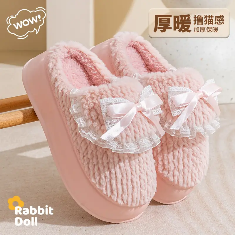 Women Cotton Slipper Green Bow Winter Warm
