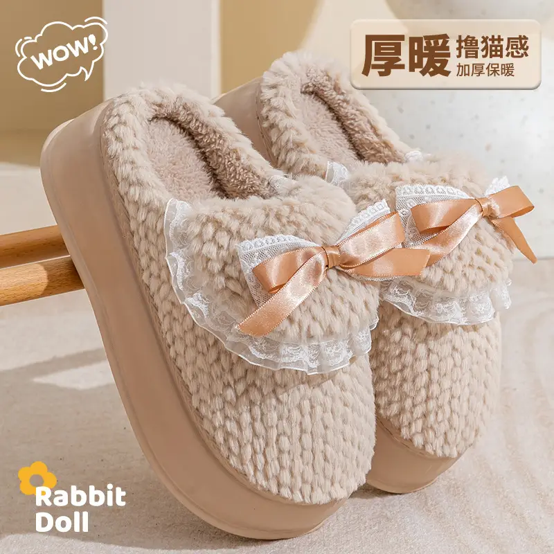 Women Cotton Slipper Green Bow Winter Warm