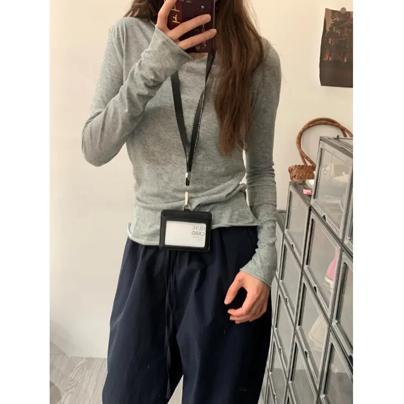 Wholesale Gray Rolled-Edge Long-Sleeve T-Shirt for Women, 2026 Early Autumn New Korean Style Thin Base Layer Top