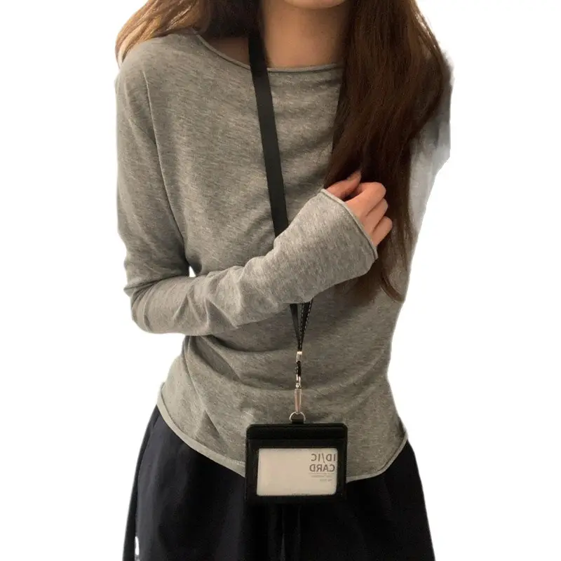 Wholesale Gray Rolled-Edge Long-Sleeve T-Shirt for Women, 2026 Early Autumn New Korean Style Thin Base Layer Top
