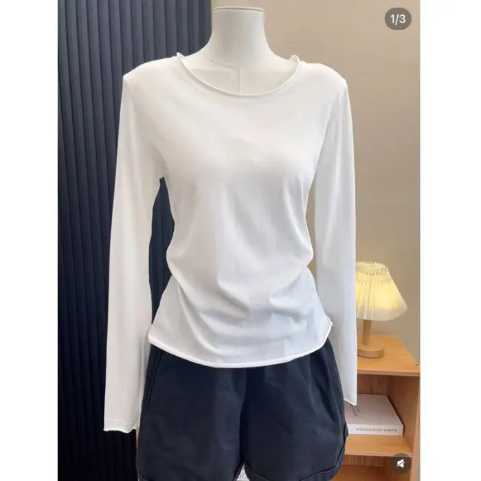 Wholesale Gray Rolled-Edge Long-Sleeve T-Shirt for Women, 2026 Early Autumn New Korean Style Thin Base Layer Top
