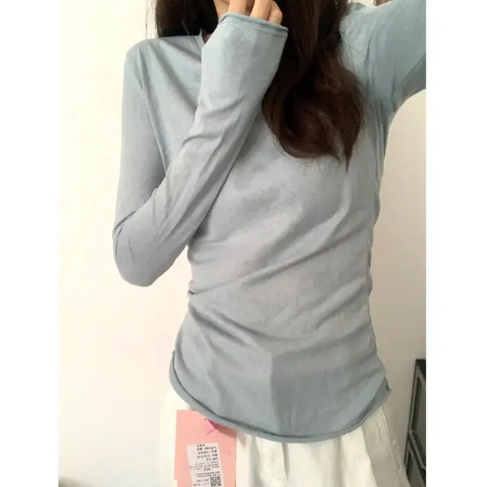 Wholesale Gray Rolled-Edge Long-Sleeve T-Shirt for Women, 2026 Early Autumn New Korean Style Thin Base Layer Top