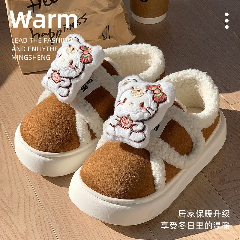 Winter Hello Kitty Cotton Slippers Women Warm Soft Soled
