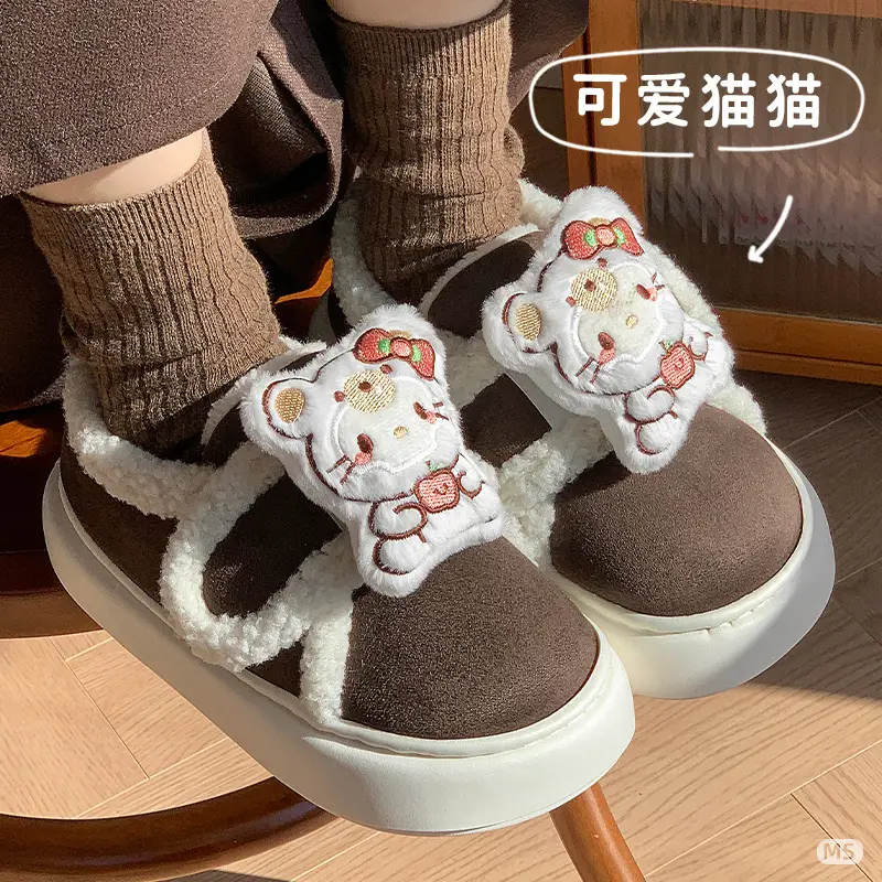 Winter Hello Kitty Cotton Slippers Women Warm Soft Soled