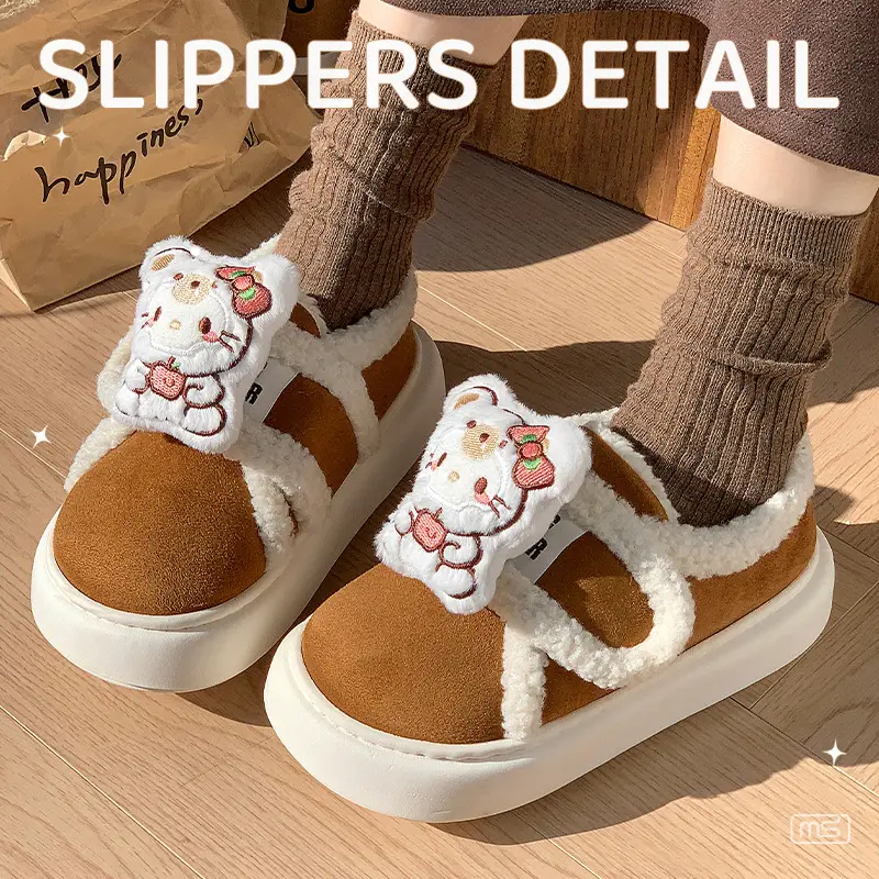 Winter Hello Kitty Cotton Slippers Women Warm Soft Soled