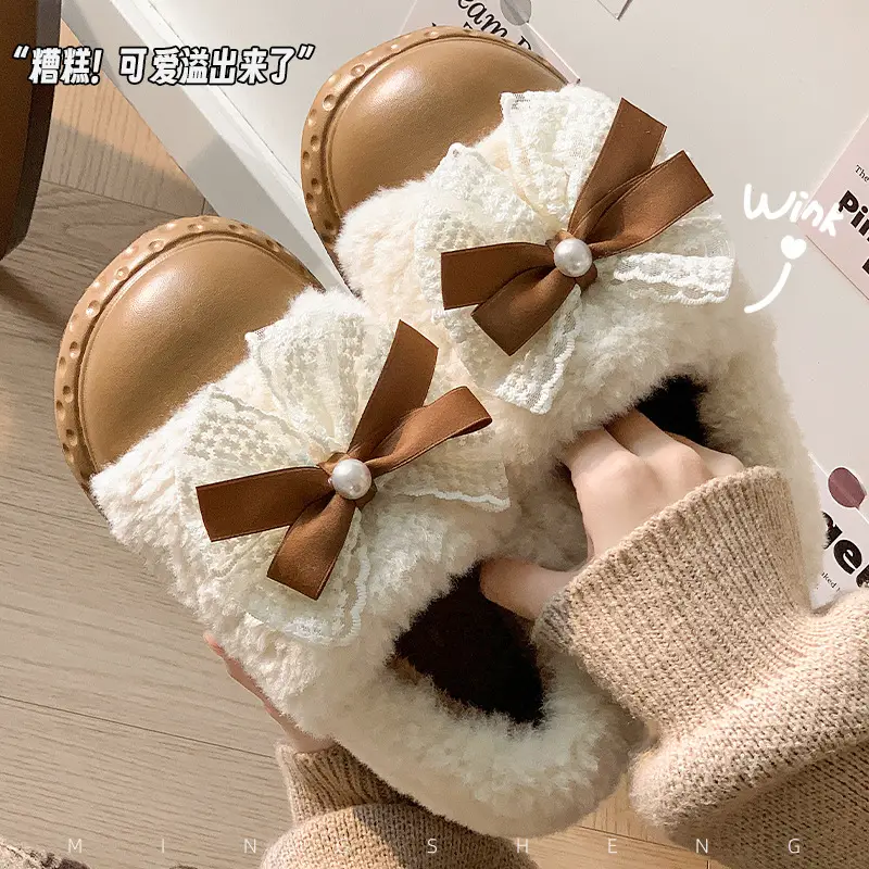 2025 Winter Fleece Bow Slippers for Men Women Warm Home Wear - Image 9