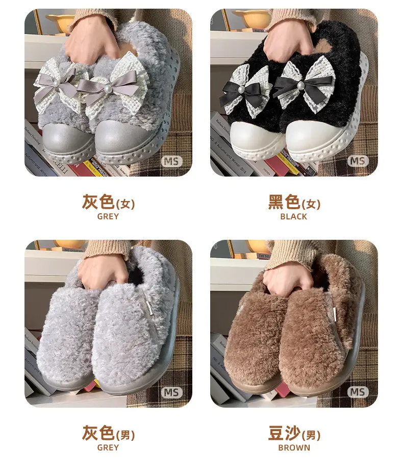 2025 Winter Fleece Bow Slippers for Men Women Warm Home Wear — feature 18