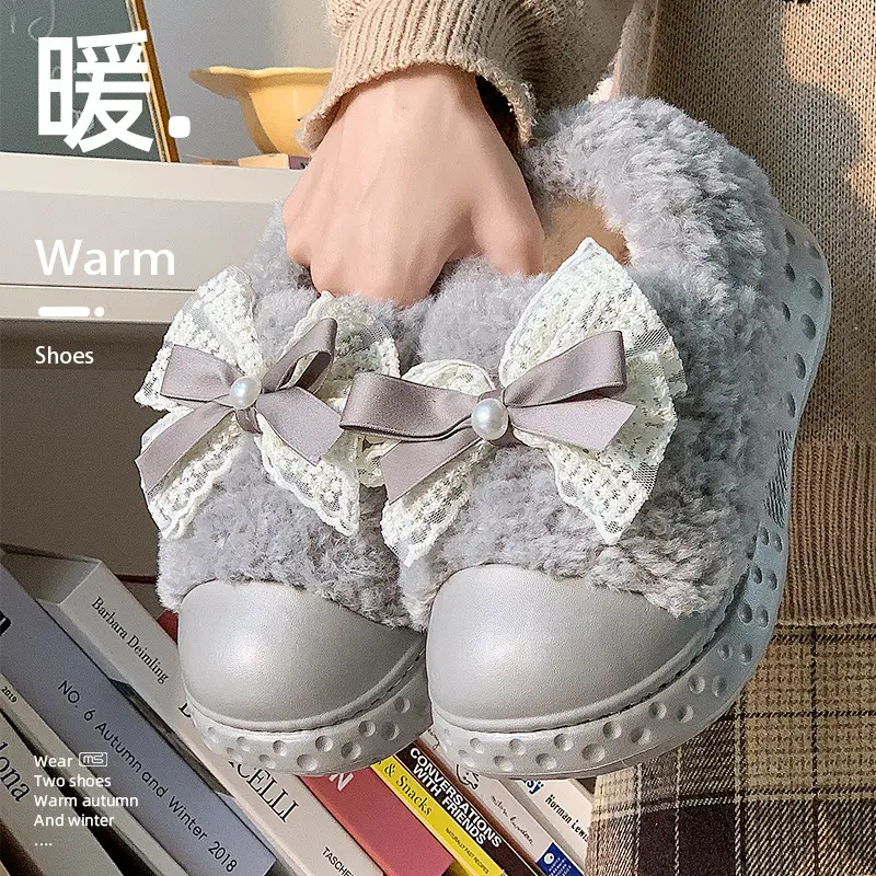 2025 Winter Fleece Bow Slippers for Men Women Warm Home Wear - Image 3