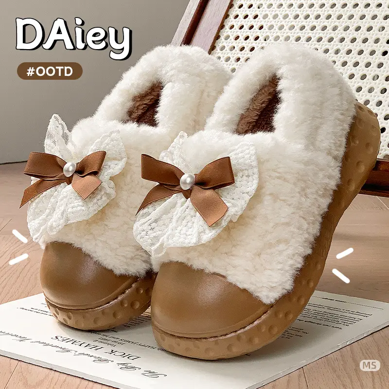 2025 Winter Fleece Bow Slippers for Men Women Warm Home Wear - Image 6