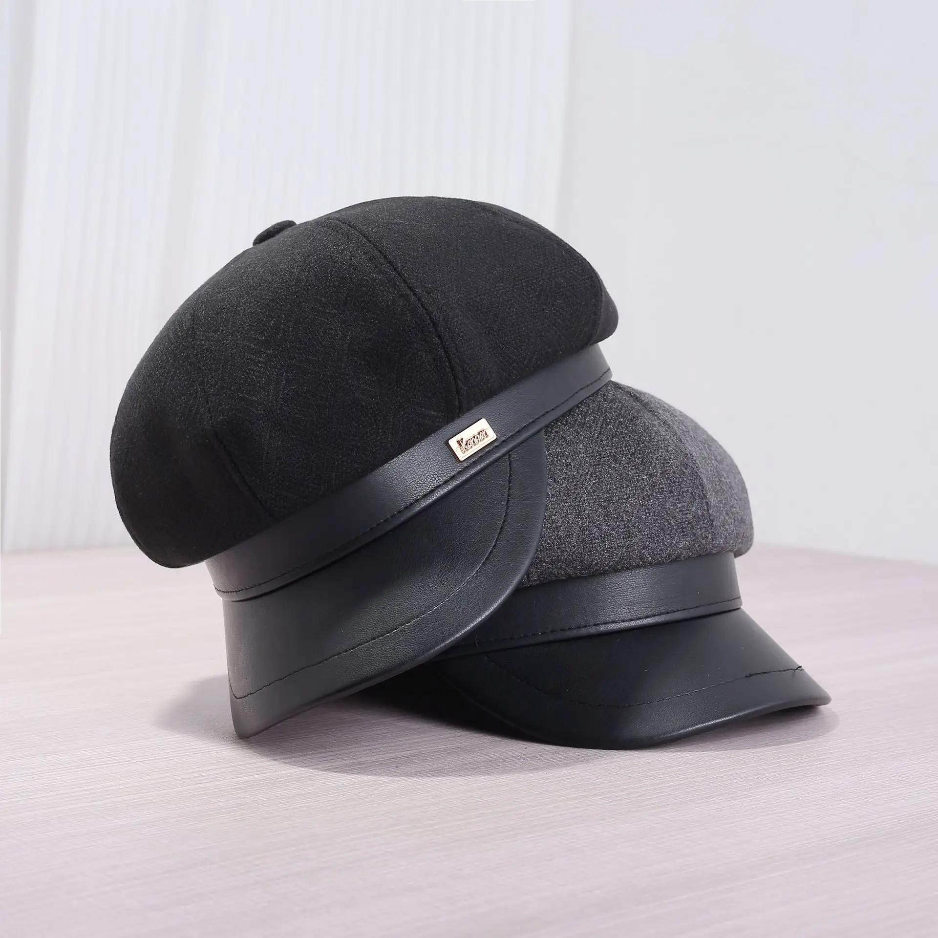 Women's Cream Leather Brim Cap Large Head - Image 7