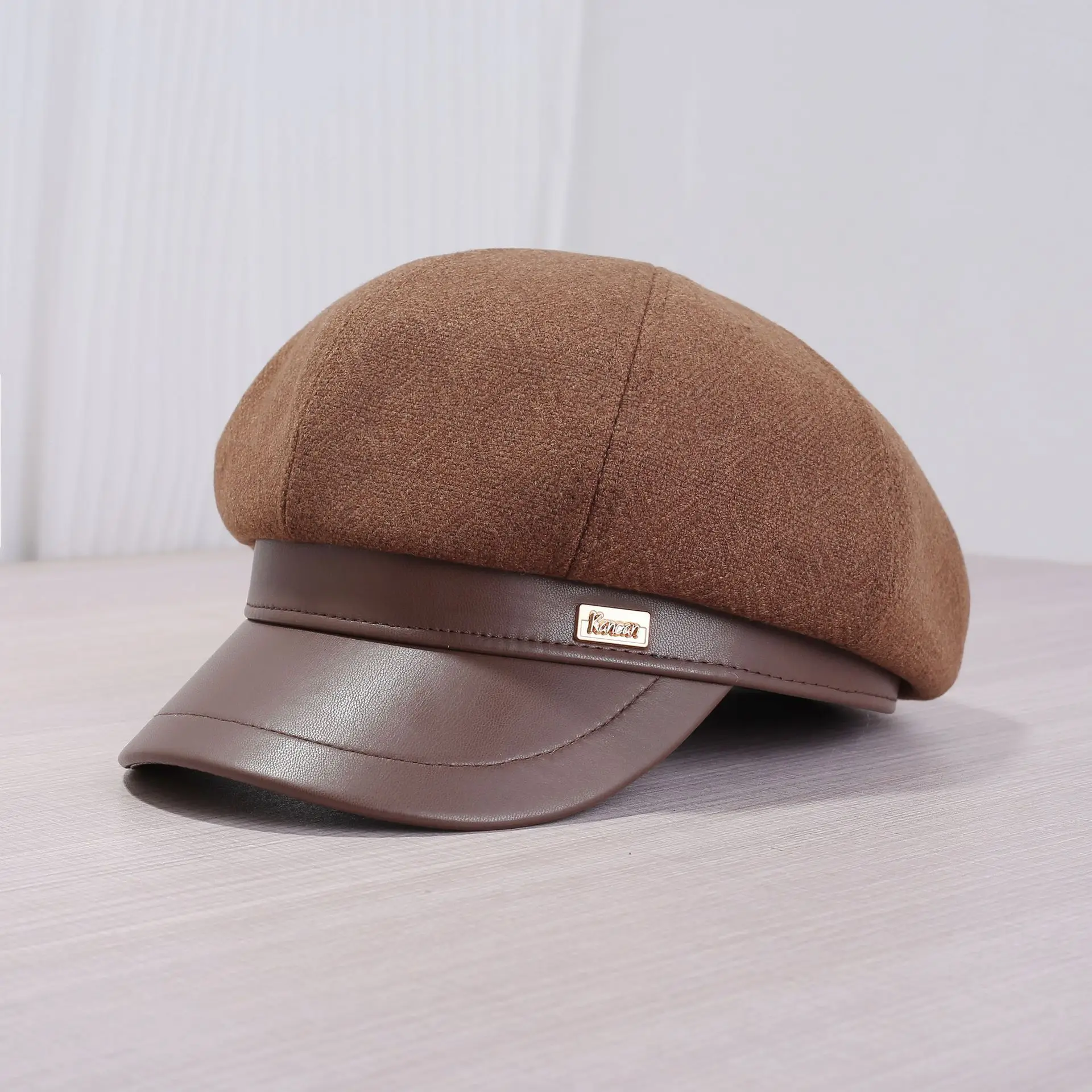 Women's Cream Leather Brim Cap Large Head - Image 4