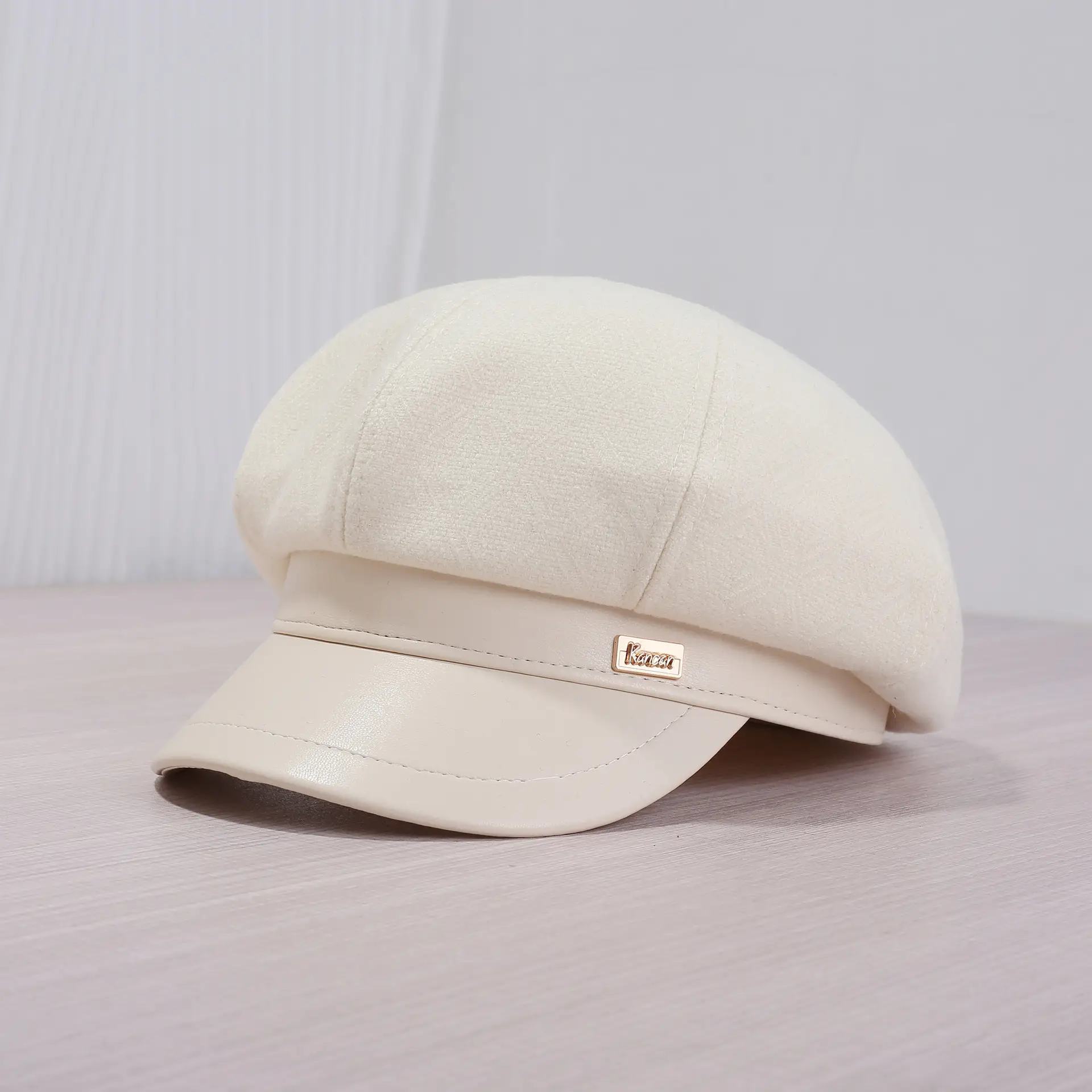 Women's Cream Leather Brim Cap Large Head - Image 2