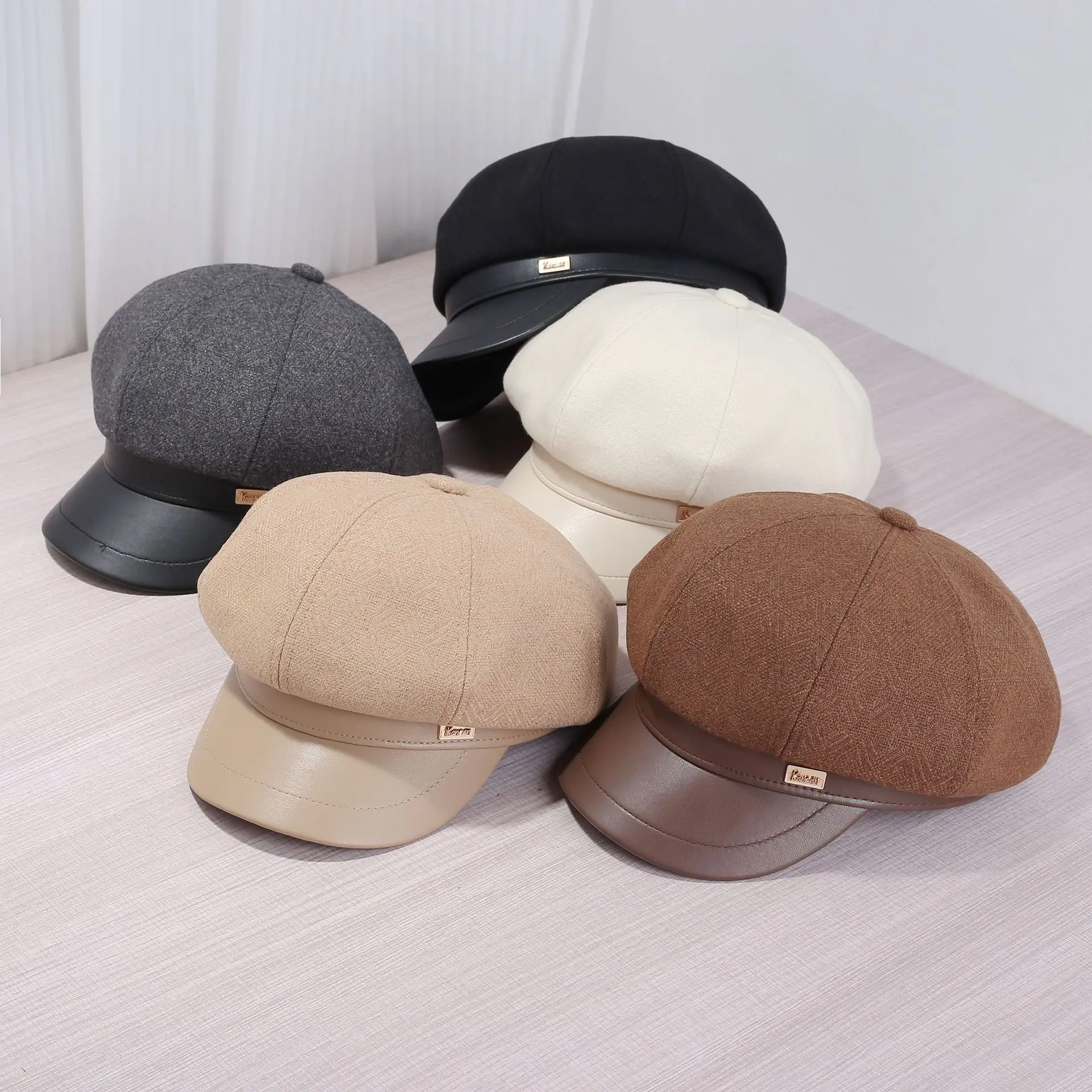 Women's Cream Leather Brim Cap Large Head — feature 2
