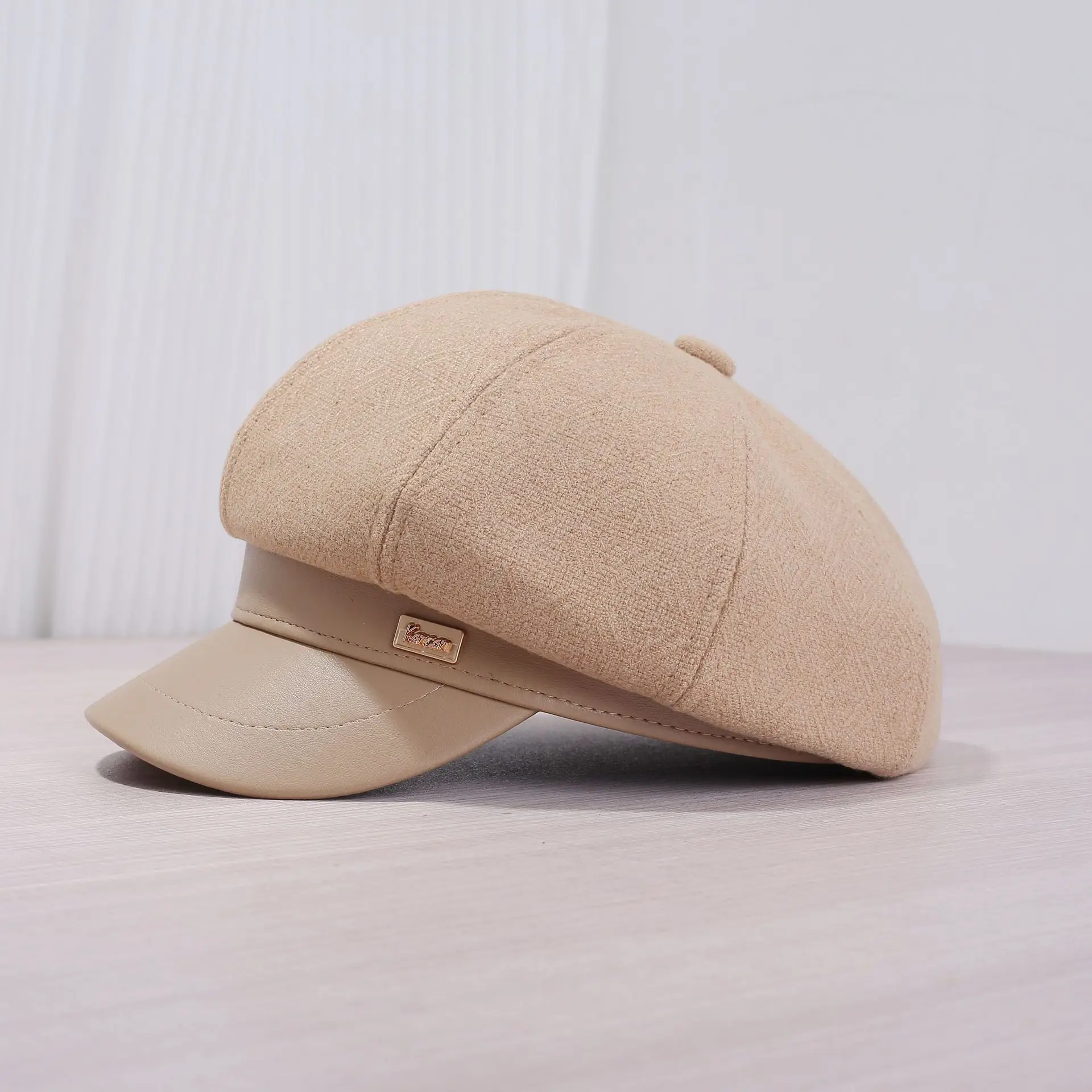 Women's Cream Leather Brim Cap Large Head — feature 7