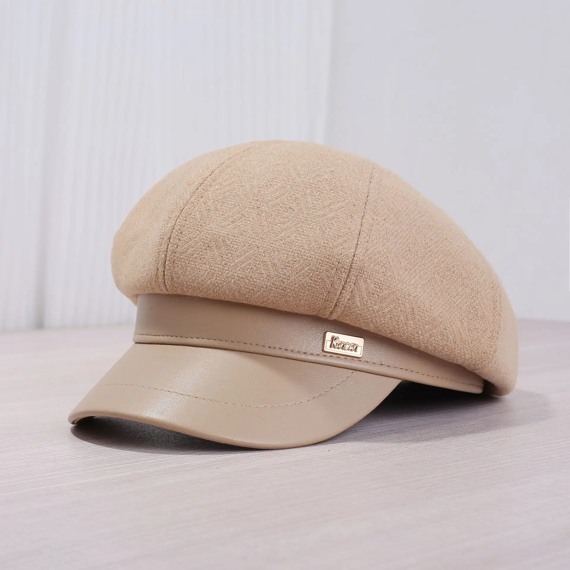 Women's Cream Leather Brim Cap Large Head - Image 3