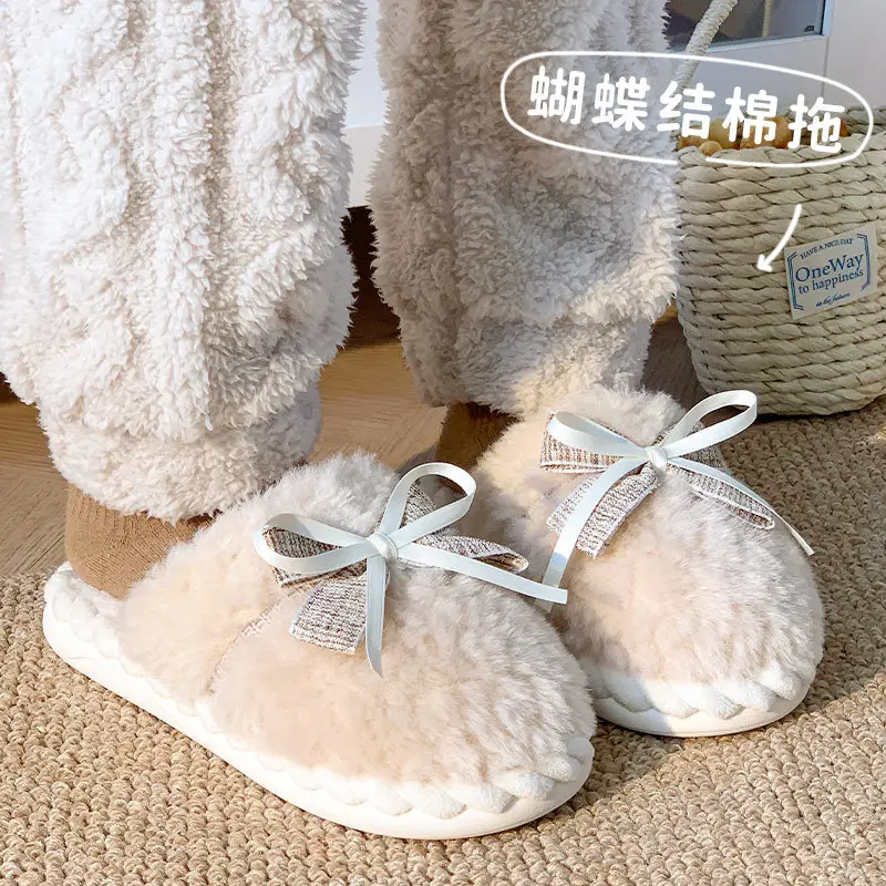 Winter Bowknot Girly Women's Slippers White Plush - Image 4