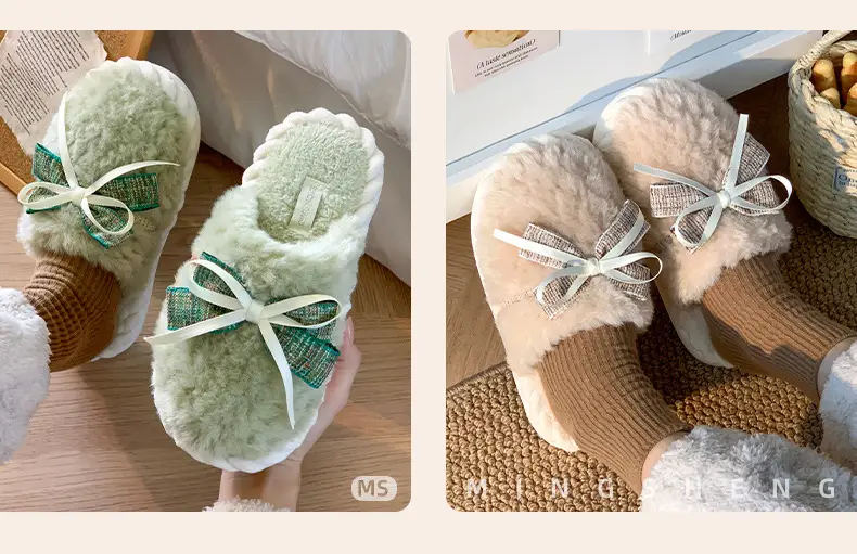 Winter Bowknot Girly Women's Slippers White Plush — feature 10
