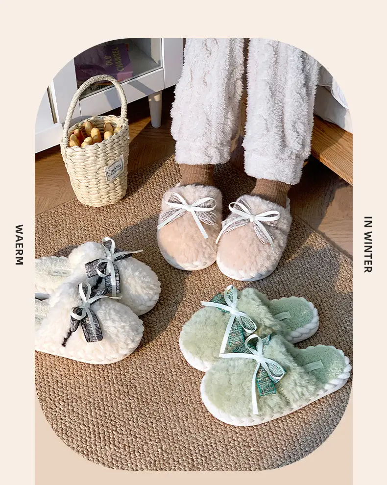 Winter Bowknot Girly Women's Slippers White Plush — feature 18