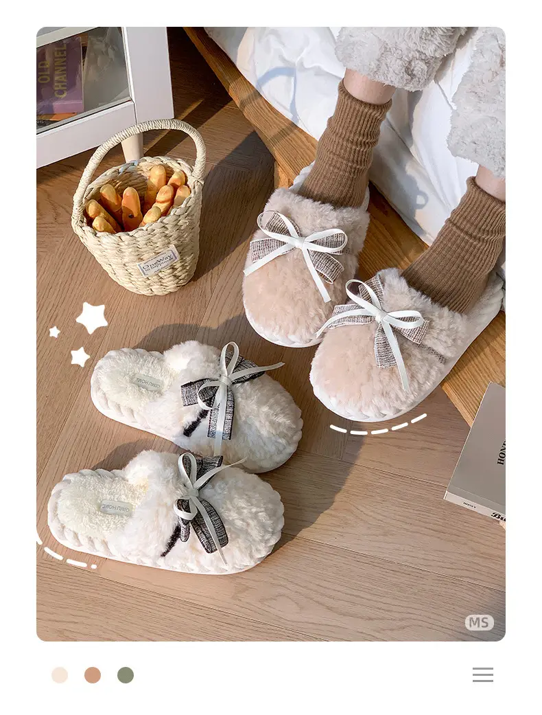 Winter Bowknot Girly Women's Slippers White Plush — feature 3
