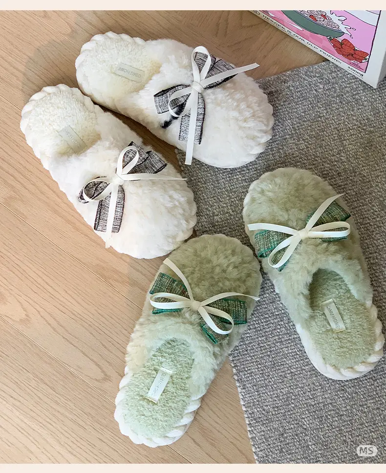 Winter Bowknot Girly Women's Slippers White Plush — feature 6