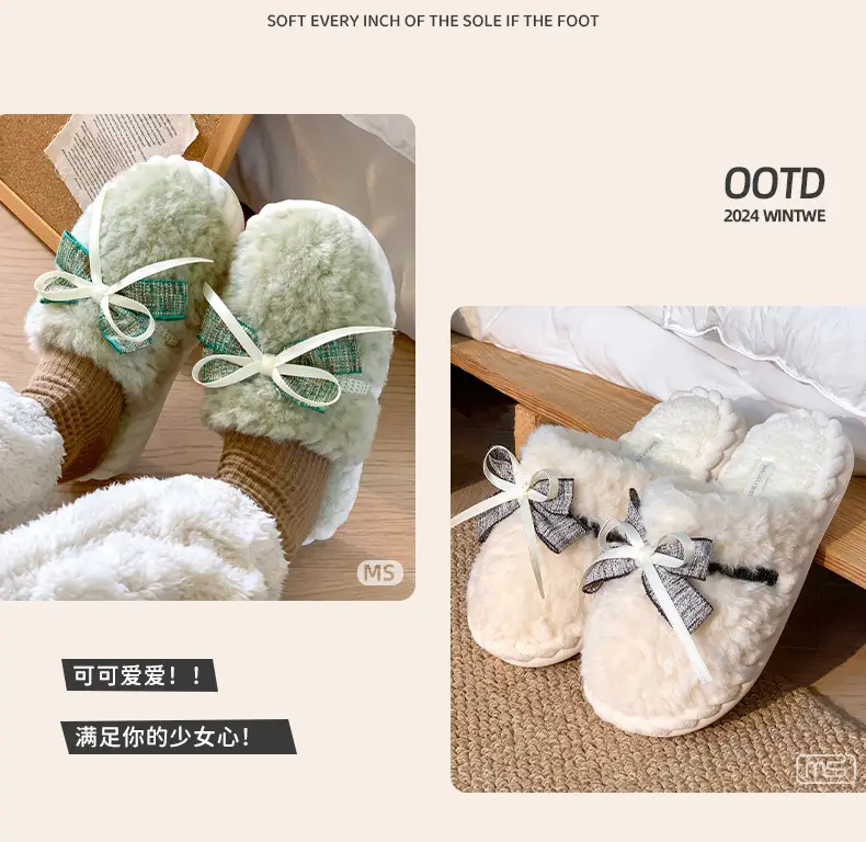 Winter Bowknot Girly Women's Slippers White Plush — feature 7