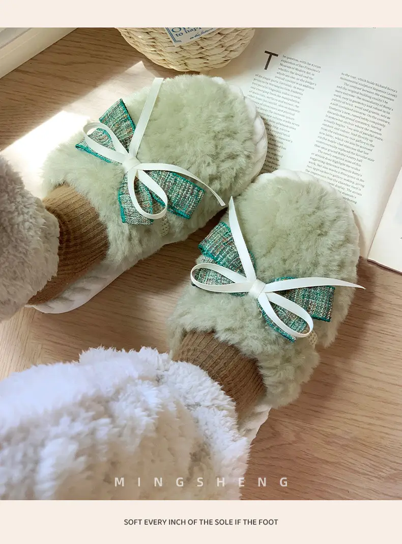 Winter Bowknot Girly Women's Slippers White Plush — feature 8