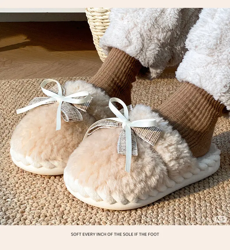 Winter Bowknot Girly Women's Slippers White Plush — feature 9