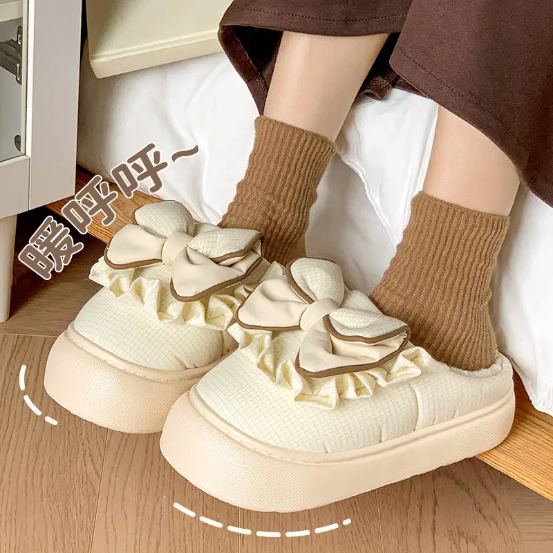 2025 New Winter Cotton Slippers for Women, Mesh Girls' Sweet Bow Fleece-Lined Warm Thick-Soled Shoes for Home and Outdoor Wear - Image 3